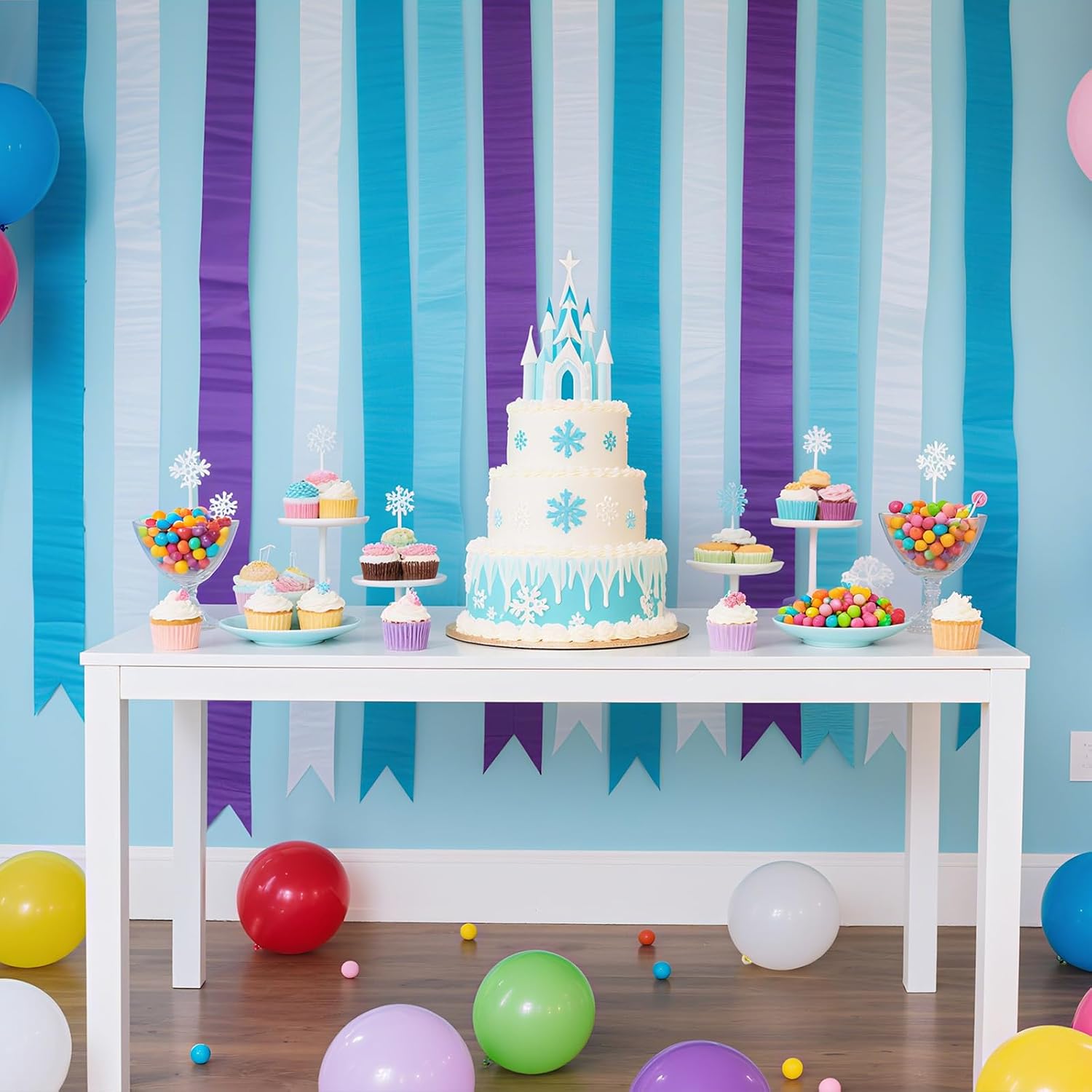 Frozen Birthday Party Decorations, 8 Rolls Purple Blue White Crepe Paper Streamers for Winter Princess Christmas Holidays Party Decoration