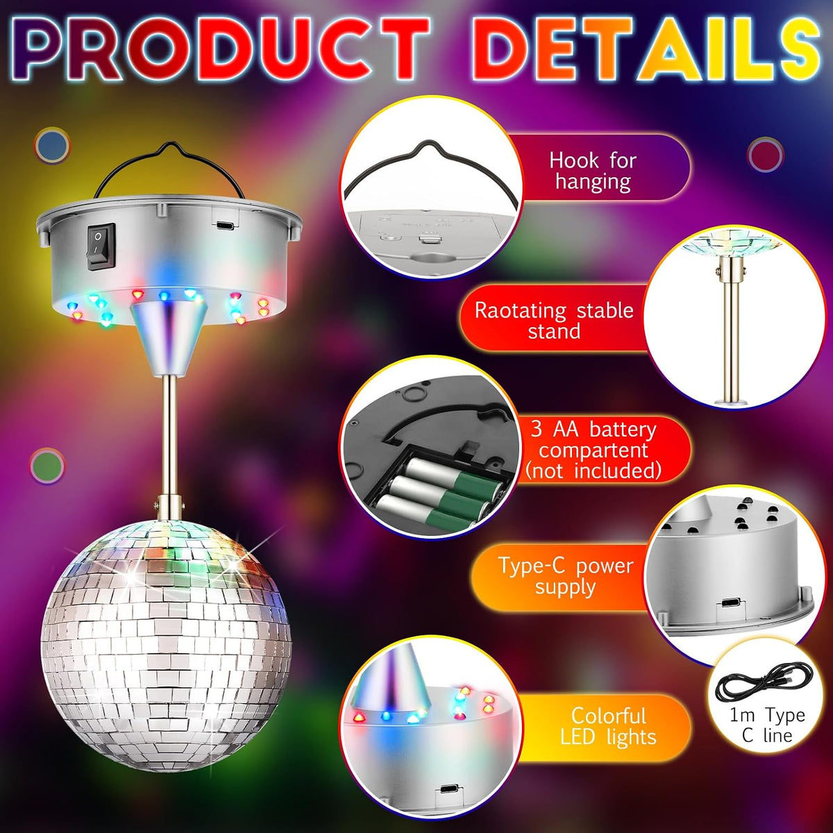 Retisee Disco Ball Light 5" Mirror Ball Motor Hanging Rotating, Silver