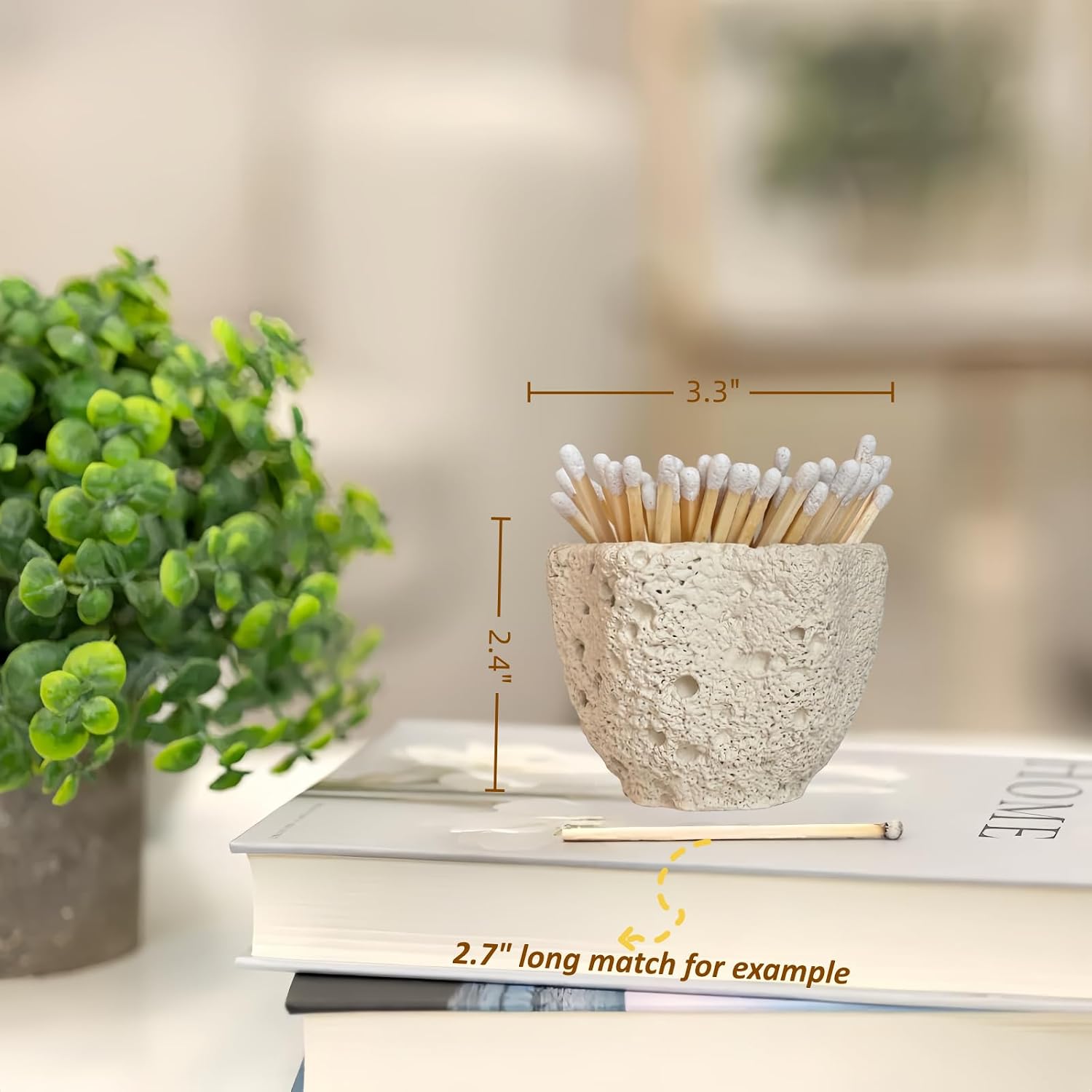 Concrete Match Holder with Striker & Extra Striker Pad,Beautiful Petal Shape Match in Jar for Cute/Fancy/Long Candle Matches,Parlor Cute Match Jar for Home Decor Gift, No Matches (Hexagon)