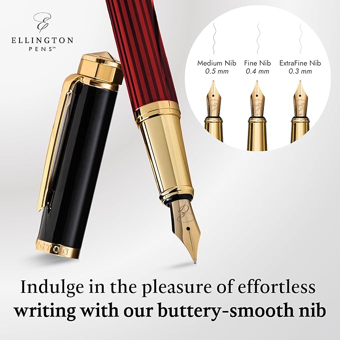 Ellington Pens Luxury Fountain Pen Set- Fountain Pens for Writing - Smooth Medium Nib - Includes Refillable Ink Converter, 3 Ink Cartridges [Black & Blue], Gift Box - Elegant Calligraphy