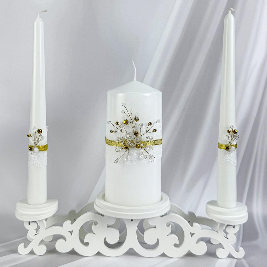 Unity Candle Set - Wedding Ceremony & Reception – 6” Pillar & Two 10” Taper Candles – Long Burning Unity Candles for Marriage Ritual – Handmade in USA – Diamond |Gold