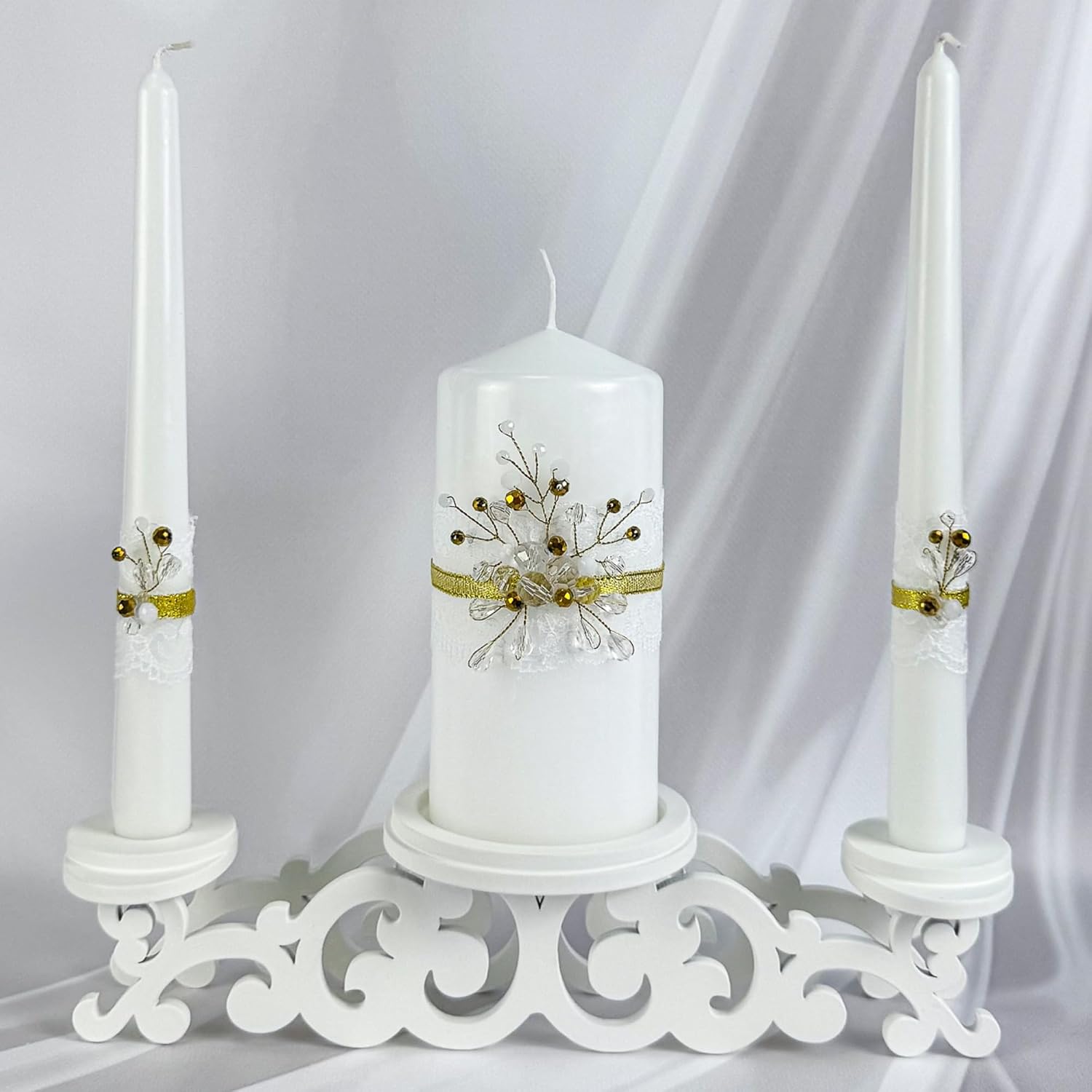 Unity Candle Set - Wedding Ceremony & Reception – 6” Pillar & Two 10” Taper Candles – Long Burning Unity Candles for Marriage Ritual – Handmade in USA – Diamond |Gold