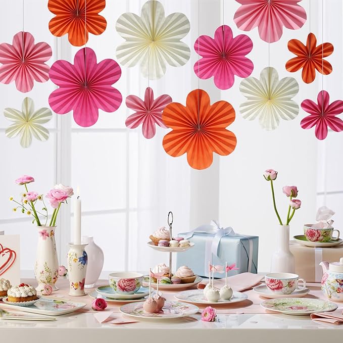 BestoFun 12 PCS Paper Flowers Fans Pink and Orange Party Decorations Paper Flowers Decorations for Wall Girl Groovy Birthday Baby Shower Wedding Bachelorette Room Hanging Décor