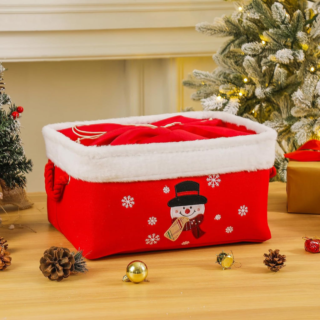 Christmas Gifts Baskets Empty Christmas Ornament Box Xmas Storage Baskets Canvas Toys Organizer Bin for Holiday, Snowman Raffle Basket Foldable Baskets for Nursery/Living room, Kids Toy Chest, Large