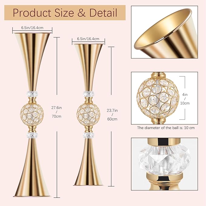 VIJIV Gold Tall Crystal Flower Vases for Centerpiece - 28'' Large Trumpet Vase for Bouquet Skinny Decorative, Table/Floor Vase Flower Stand for Party Event, Dining Table Décor, Bridal Shower, Wedding