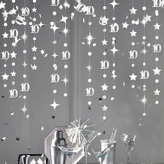 Silver 10th Birthday Decorations Number 10 Circle Dot Twinkle Star Garland Metallic Hanging Streamer Banner Backdrop for Girls Boys Double Digits Ten Year Old Birthday 10th Anniversary Party Supplies