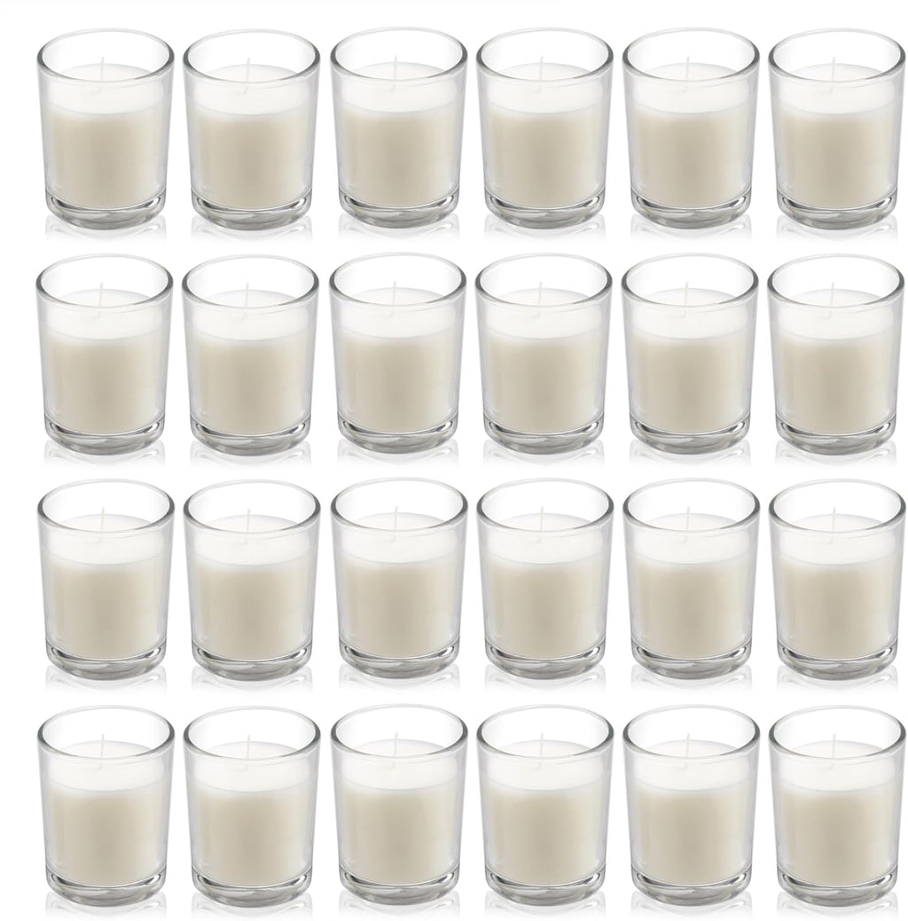 Housecret 24 Pack Warm White Unscented Clear Glass Filled Votive Candles. Hand Poured Wax Candle Ideal Gifts for Aromatherapy Spa Weddings Birthdays Holidays Party