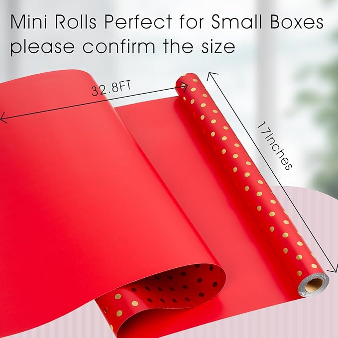 Flyhill Gold Foil Polka Dot Wrapping Paper Roll,Mini Roll Red Reversibl Gift Wrap for Birthday,Girls,Baby Shower,Wedding (17 Inch X 32.8 Feet)
