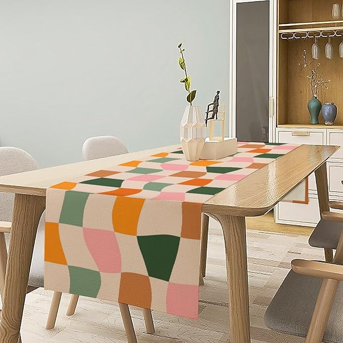 Hippie Table Runner, Vintage Geometric Square Orange Green Pink Grid 60s 70s Style Kitchen Dining Room Decor for Indoor Outdoor Wedding Party Table Runner 13x60 Inch