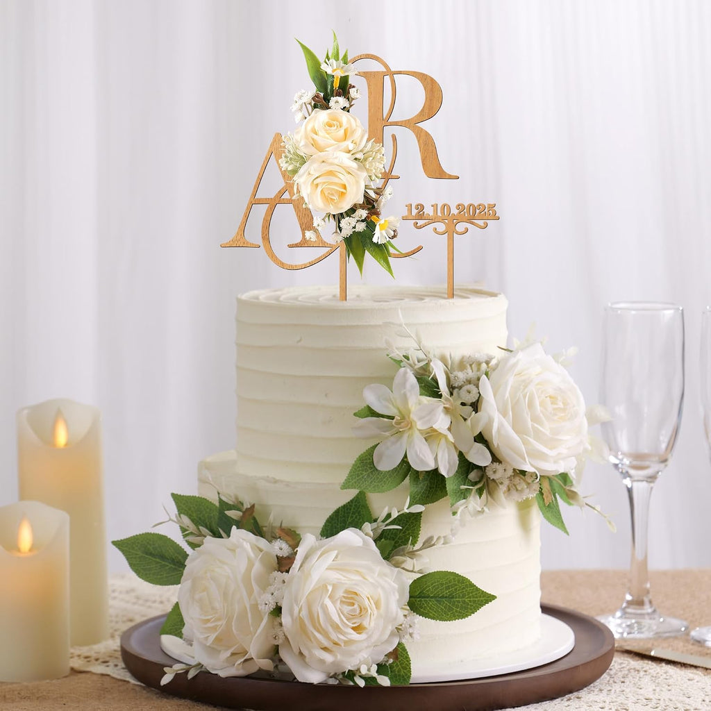 Personalized Wedding Cake Topper with 3D Artificial Flowers and Green Leaves Custom Initials Wooden Anniversary Cake Decoration