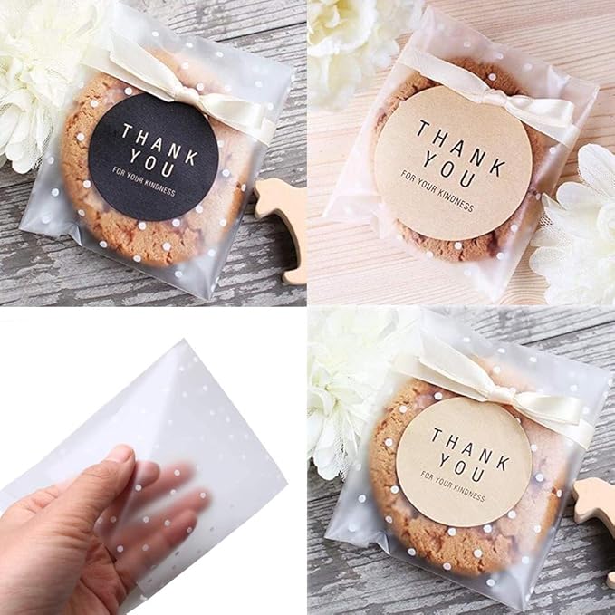 Self Adhesive Cookie Cellophane Treat Bags with Seal 4x4 Inches, 4 Mils Self Sealing Resealable Plastic Packaging Bags with Thank You Labels for Gift Giving Party Favor Bakery Candy Chocolate 100 Pcs