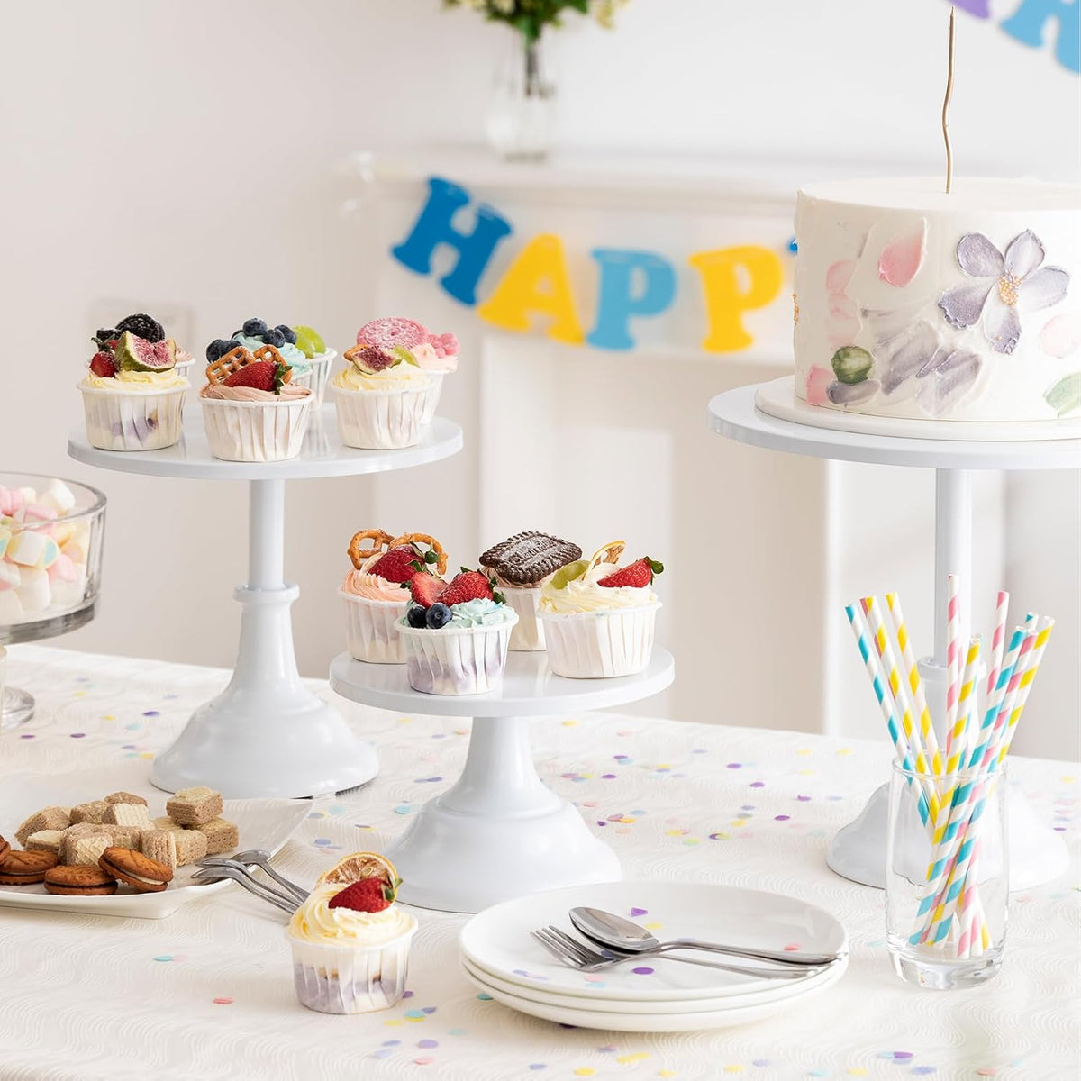 HBlife 3 PCS White Cake Stand Set (8"/10"/12" Cake Plate), Metal