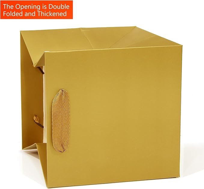 Gold Square Gift Bag 10 in Paper Gift Box Large Square Bottom Kraft Paper Bags with Handles for Party Favor, Birthday Gift Bags (Gold, 10 x 10 x 10 in, 10 CT)