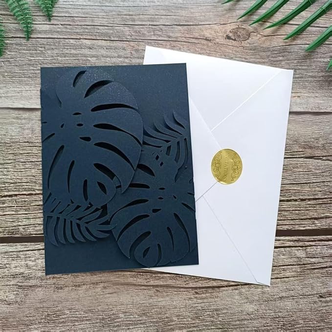 Navy Blue Laser Invitation Card, Palme Invitation Jacket for 5X7 card, Fit for Wedding Engagement Birthday Celebration Party 20 Sets (navy blue)