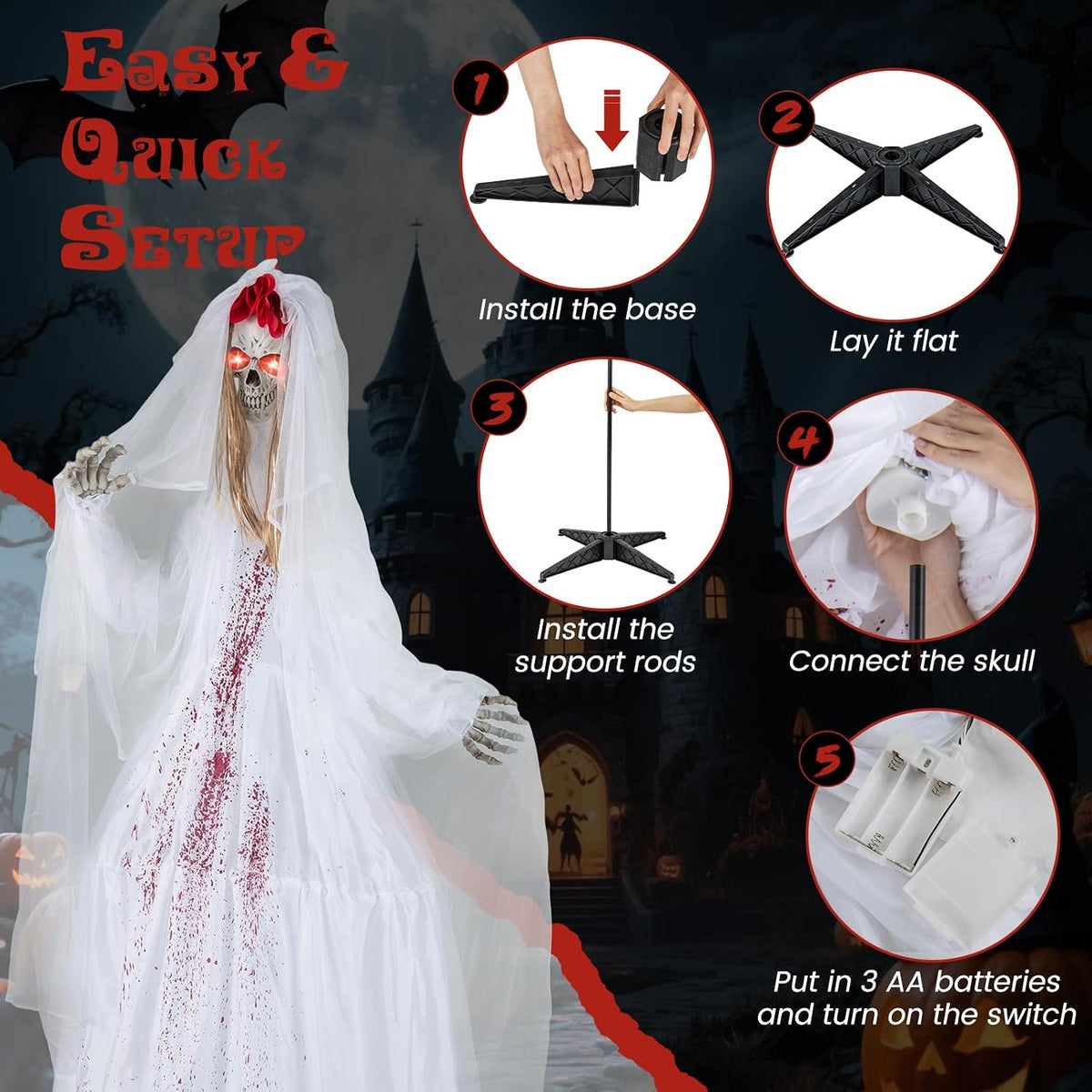 Tangkula 7.2 FT Halloween Animatronics Standing Skeleton Bride & Groom Set