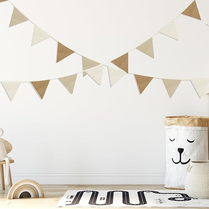 Oudain 15.5 ft Pennant Banner Flags, 2 Pcs Nursery Garland Triangle Bunting Flag Baby Banner for Nursery Decor Baby Birthday Boho Wedding Shower Party Event, Each 7.75 ft(Simple Color)