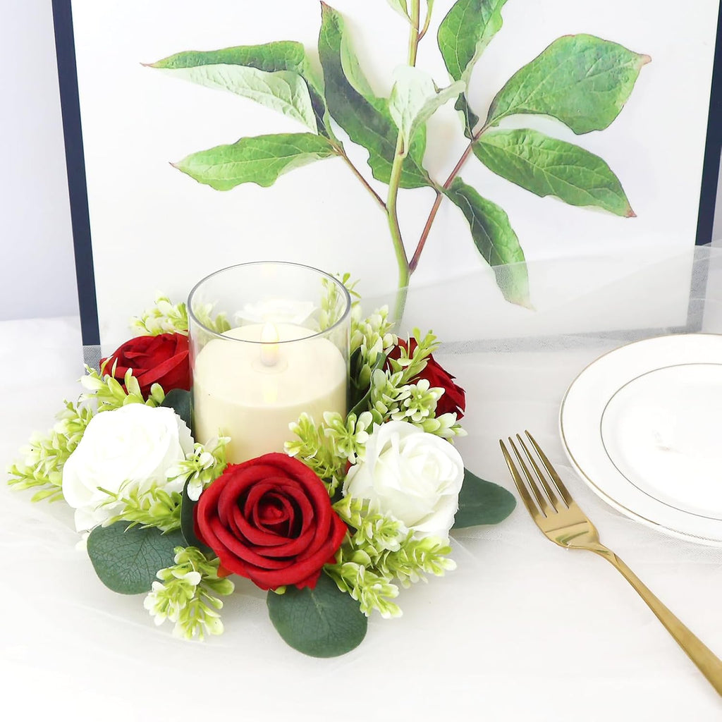 Crimson Rose Candle Rings with Flameless Candles Sets - 12PCS Artificial Flower Eucalyptus Wedding Centerpiece 3 Inch Pillar Candleholders Wreaths for Wedding Party Decor (Crimson - 6 Sets)
