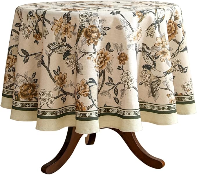 ISAENNE Designer Vintage Linen Small Round Table Cloth,Floral and Bird Pattern Elegant Tablecloth,Fall Wrinkle Resistant Home Decor Tablecloths for Dining Kitchen,Diameter 55"-Murad A