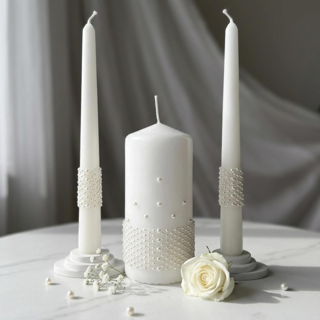 Unity Candle Set - Wedding Ceremony & Reception Candle– 6” Pillar & Two 10” Taper Candles – Long Burning Unity Candles for Marriage Ritual – Handmade in USA – White |Pearls| Luxury