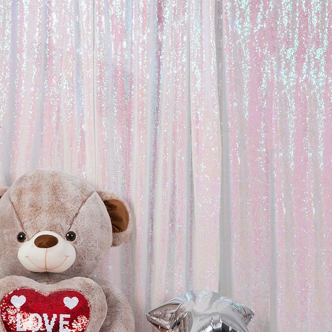 JYFLZQ White Iridescent Sequin Backdrop Curtains 8ft x 8ft 1 Panel Glitter Photo Booth Backdrops Sparkly Photography Background Drapes for Parties Wedding Bridal Showers