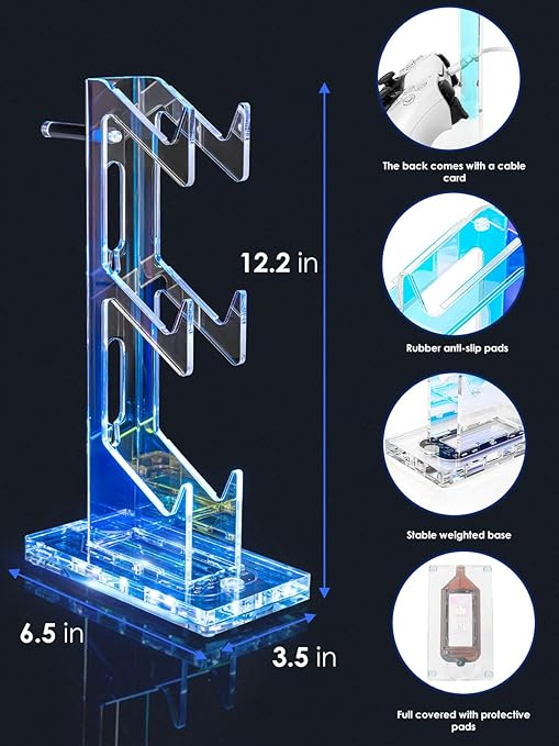 OAPRIRE Headset and Controller Stand with Lights, 3 Tier Acrylic Game Controller Holder, Controller and Headset Stand for Desktop,Universal Design Compatible with PS5/PS4/XBOX/SWITCH (Clear)