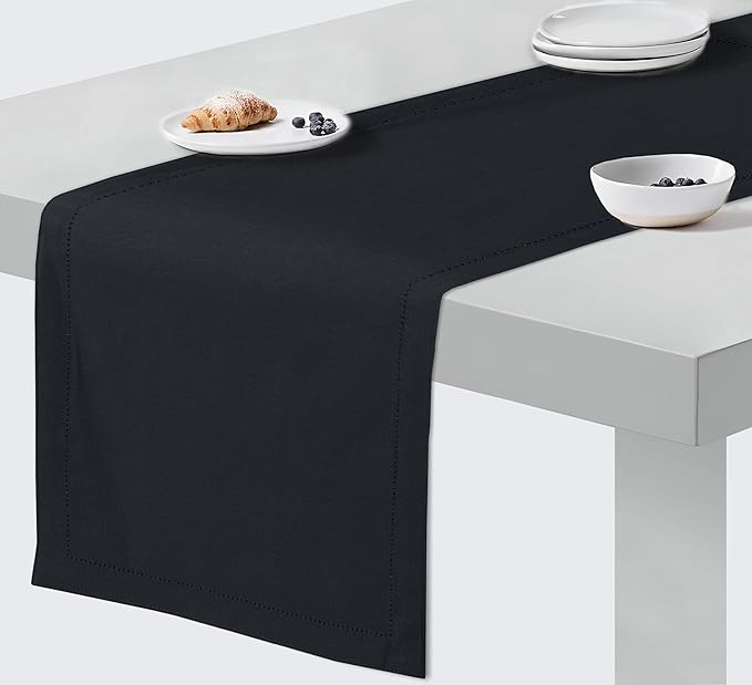 Ruvanti Linen Table Runner 108 Inches, Classic Hemstitch, Washable, Reusable, Non-Slipping, Stain Resistant- Perfect for Parties, Weddings, Dinners, Thanksgiving, Christmas, Indoor use – Black
