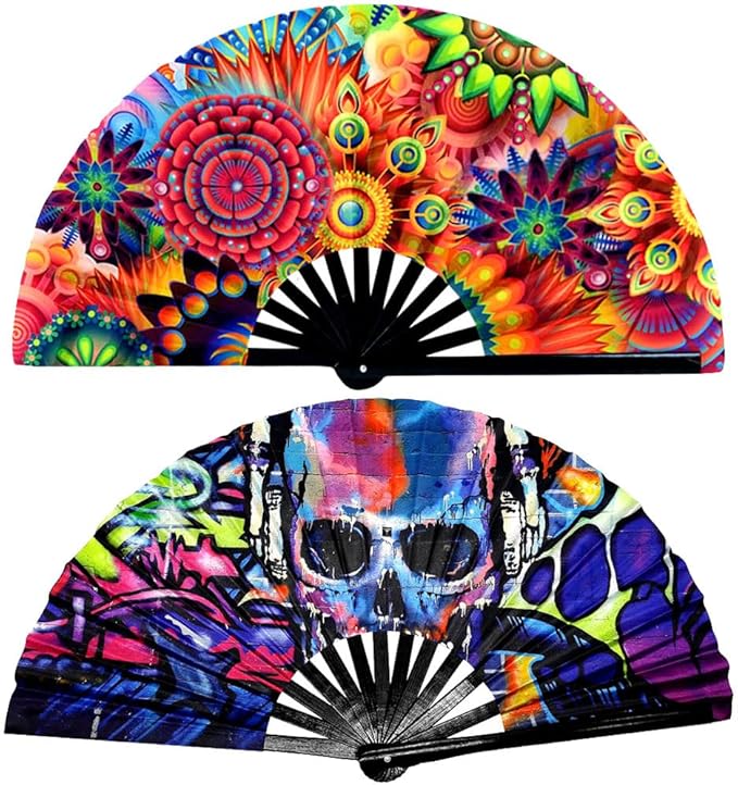 2 Pack Large Folding Rave Fan for Women/Men Holographic Festival Bamboo Clack Hand Fan Decorative Accessories for EDM, Music Festival, Event, Party, Dance, Performance,Halloween (Style-2)