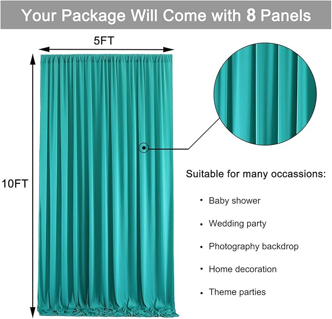 10 ft x 40 ft WWrinkle Free Turquoise Backdrop Curtain for Parties, Thick Polyester Teal Photo Backdrop Drapes,8 Panels 5ft x 10ft for Baby Shower Wedding Engagement Birthday Mermaid Party