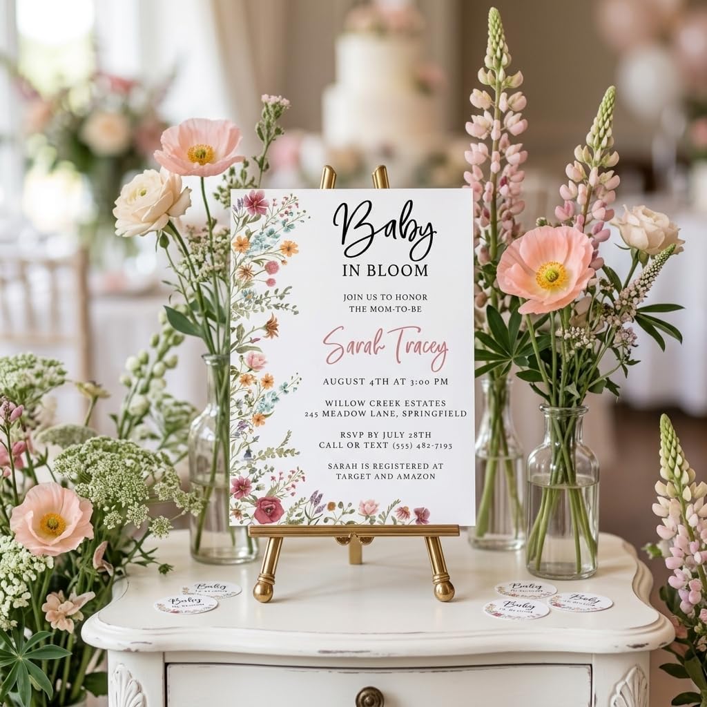 Printed Party Custom Baby Shower Invitations with Envelopes – Wildflower | Baby in Bloom Floral Design | Includes Matching Envelopes | For Girl Baby Shower or Sprinkle | Made in USA | 5x7