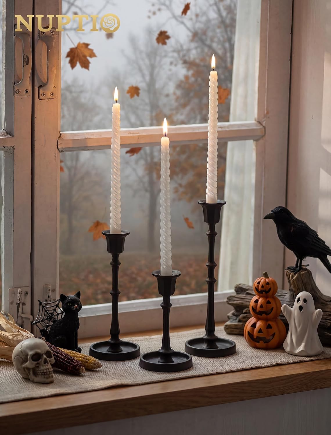 NUPTIO Black Taper Candle Holders: Set of 3 Vintage Cast Iron Candlesticks