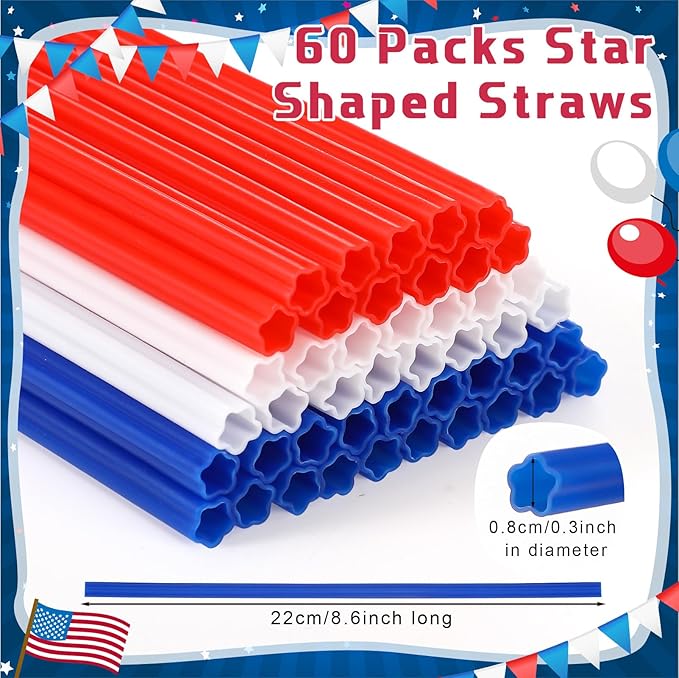 60 Pcs Plastic Straws Red Blue White Star Shaped Straws Patriotic Disposable Drinking Cute Straw for Veterans Day 4th of July Independence Day Party Beverage Cocktail Remembrance Supplies