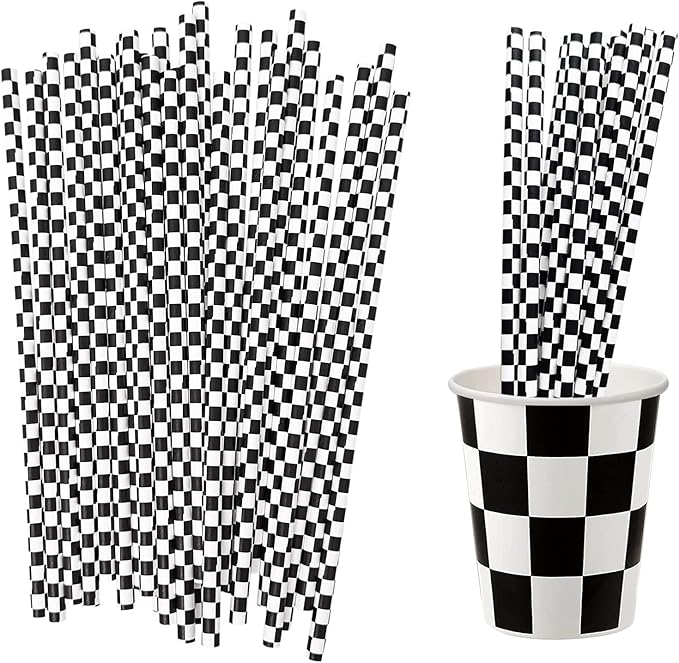 50 Pcs Checkered Flag Paper Straws Racing Car Straws Black and White Checkered Drinking Straws for Racing Birthday Party Decorations, Standard, Black/White