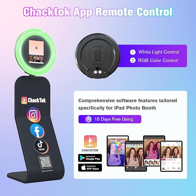 MWE Portable Photo Booth Stand Compatible with Any iPad Photo Booth with Software APP and Remote Control, RGB Ring Lights Music Sync,Logo Customization (Black, Large Box-Honeycomb Box)
