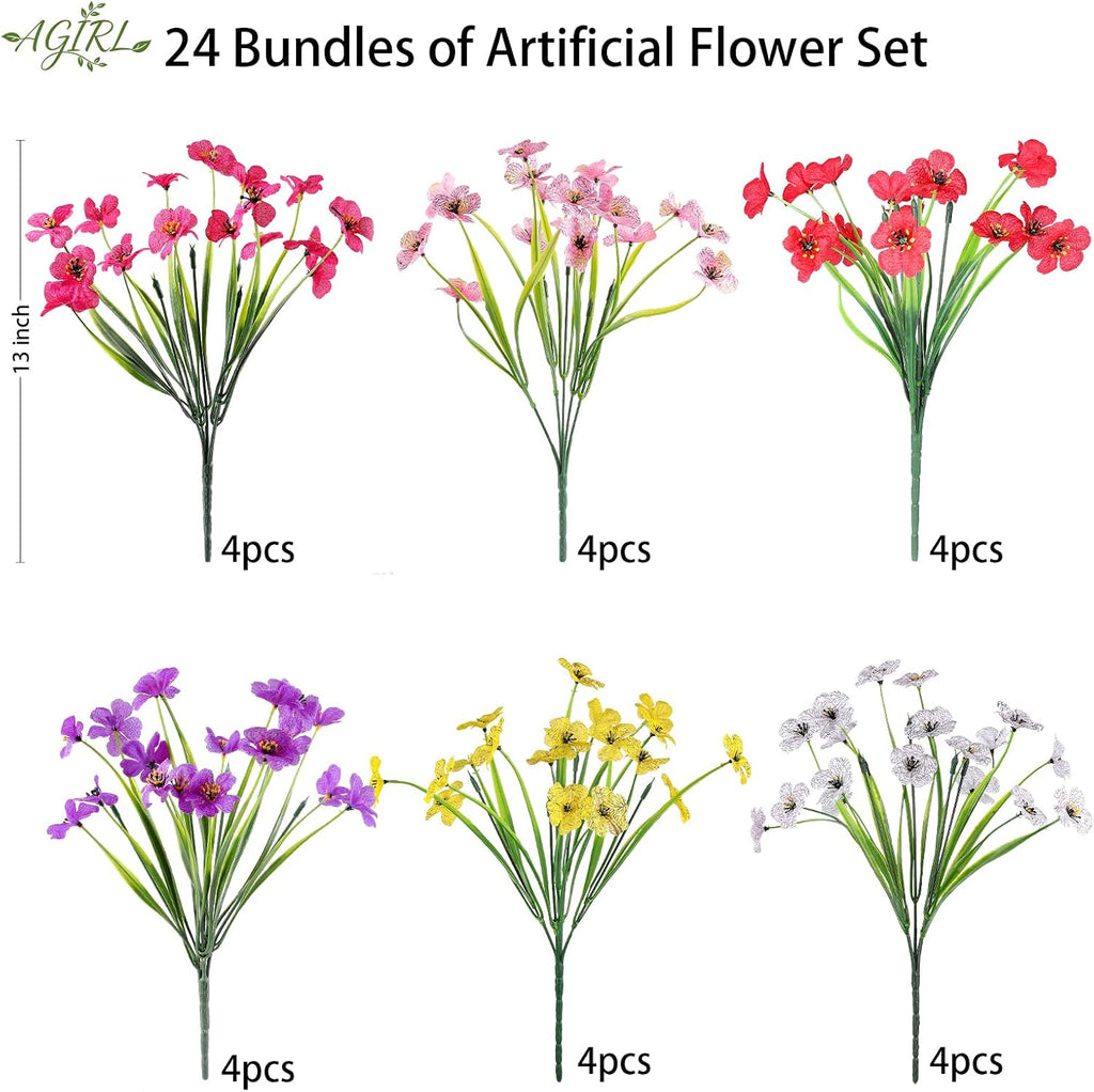 AGIRL 24 Bundles Artificial Flowers for Outdoor,Fake Flowers No Fade Plastic Faux Plants for Decoration Hanging Planters Outdoor&Indoor Garden Patio Porch Window Party Farmhouse