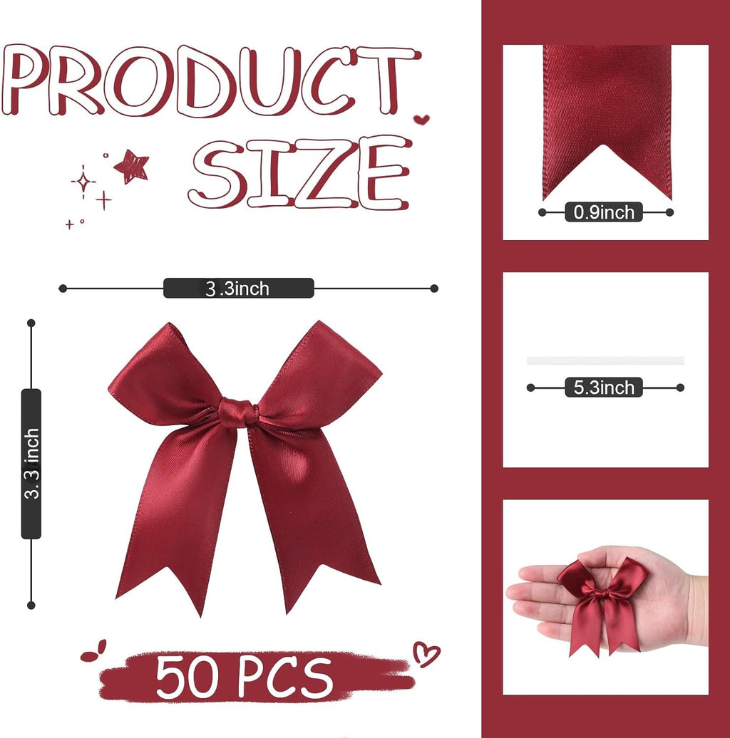 Feluwi 50Pcs Red Gift Wrap Bows - Premium Satin Ribbon Bows - 3.3 Inch Elegant Bows for Gift Wrapping -Party Decorations, Wedding Decor Christmas Birthday Presents, Baby Shower, DIY Crafts Gift Bags
