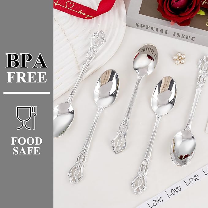 30PCS Silver Plastic Spoons - Silver Spoons Disposable - 8.1 Inch Heavy Duty Plastic Silverware - Heavyweight Elegant Disposable Utensils for Catering, Parties, Dinners, Weddings