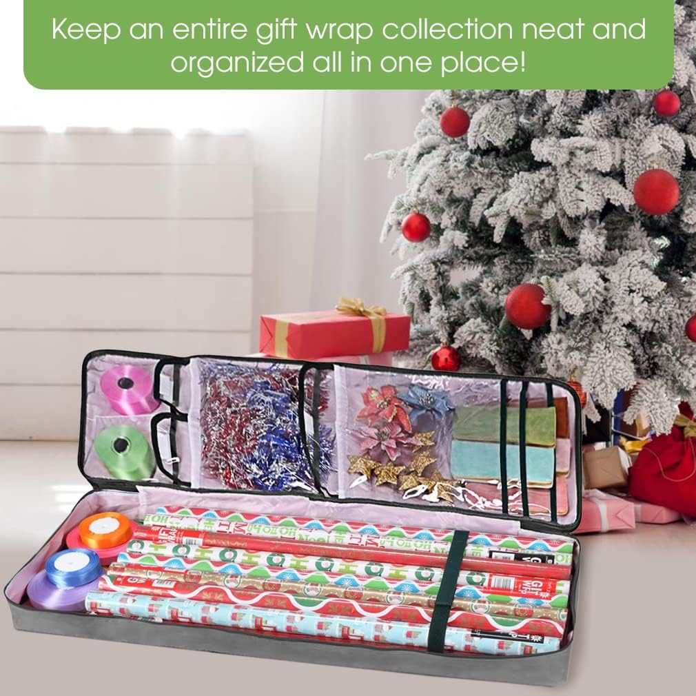 Christmas Wrapping Paper Storage Bag with Pockets | Gift Wrap Organizer Container | 37” x 14” x 4” | Underbed Durable Box Made of 600D Oxford Material (Gray)