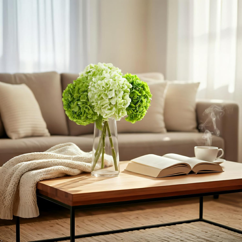 green hydrangea artificial flowers, latex real touch hydrangeas on a desk or shelf