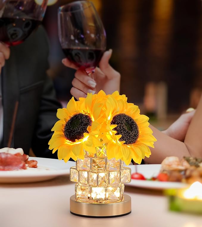 Sunflowers Lamp,Rechargeable Cordless Touch Lamp,3-Colour Infinitely Dimming Small Night Light,Crystal Table Lamp for Home Decor/Restaurant/Bar/Coffee Shop,Gifts for Women/Mom