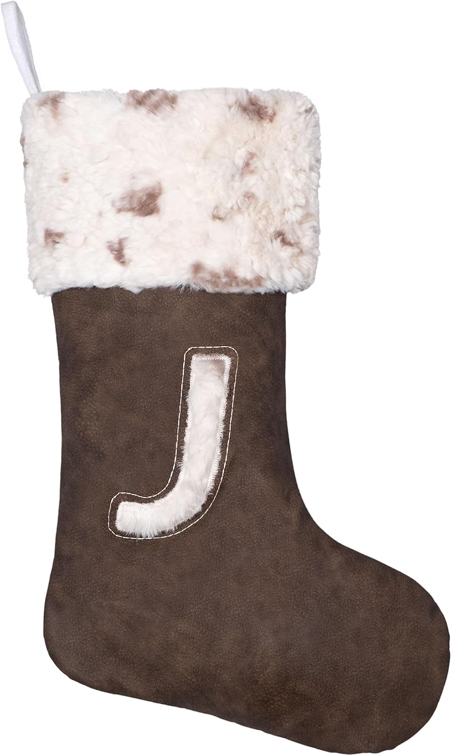 BHD BEAUTY Initial Christmas Stockings 2025 Monogram Personalized Brown-Leather Soft Faux Fur Embroidery for Family Decorations Hanging Ornament for Xmas Holiday Party Letter J