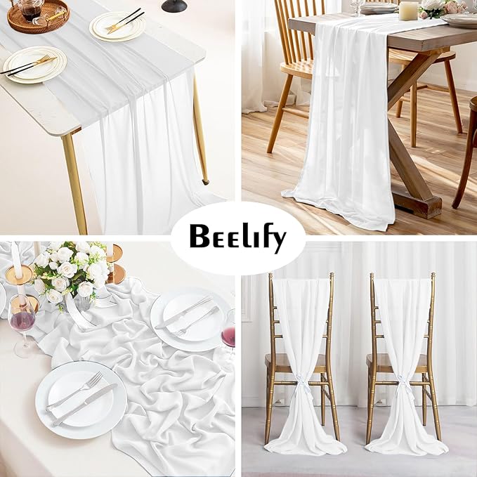 2 Pack 10 Ft Chiffon Table Runner White Gauze Long Table Runners 27x120 Inches Sheer Tulle Table Runner for Rustic Wedding Reception Bridal Shower Decorations Birthday Party