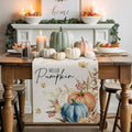 Fall Thanksgiving Cotton Linen Table Runner for Dining Kitchen, Orange Pumpkins Outdoor Party Autumn Tablerunners Decoration, Rustic Wheat Leaves Dresser Scarf Coffee Tablecloth Runners 13x60 Inches