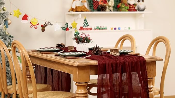 MLMW 10 Pack Christmas Table Runner Cheesecloth Burgundy Boho Cheese Cloth 160 inch Gauze Rustic Sheer Table Runner 13.3ft for Party Wedding Baby Bridal Shower Birthday