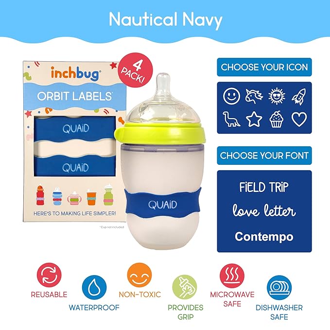 InchBug Orbit Labels - Baby Bottle Name Labels for Daycare, Sippy Cup Bands - Engraved Silicone, Reusable, Dishwasher Safe, White Contrasting Personalization, 4-Pack (Nautical Navy)