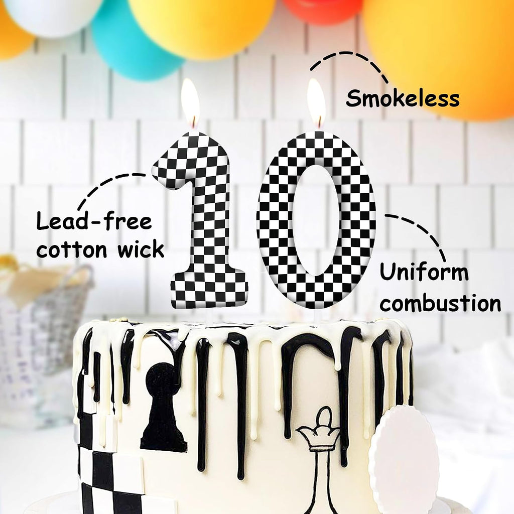 Race Car Birthday Number 4 Candles Cake Topper Birthday Party Decorations | Black and White Checkered Flag Themed Birthday Candles for Cupcake Topper Boys Girls Party Supplies