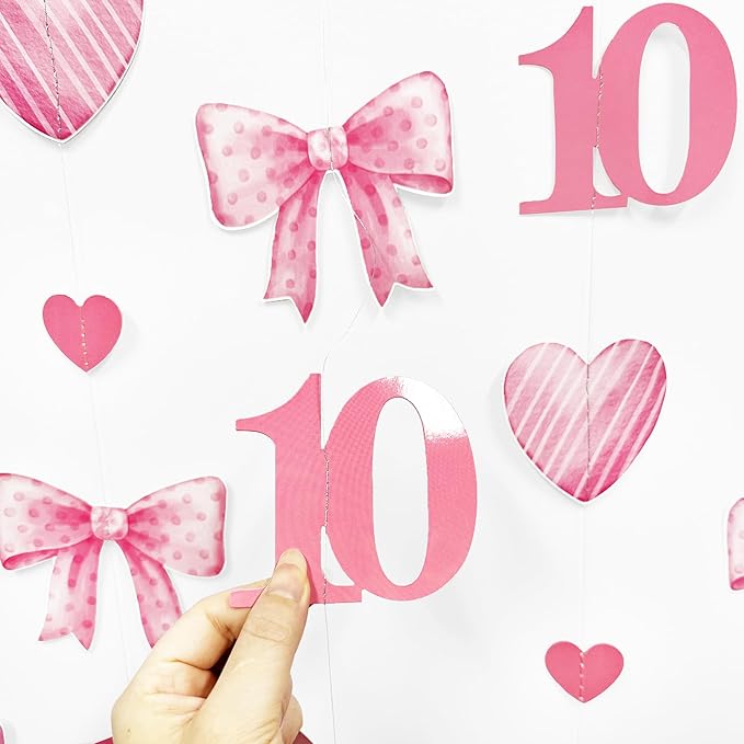 40Ft Pink 10th Bow Birthday Decorations Hot Pink Conquette Bow Heart Garland Streamer Banner for Girls Happy 10th Birthday Double Digits I'm 10 Cheers to 10 Years Old Anniversary Party Supplies