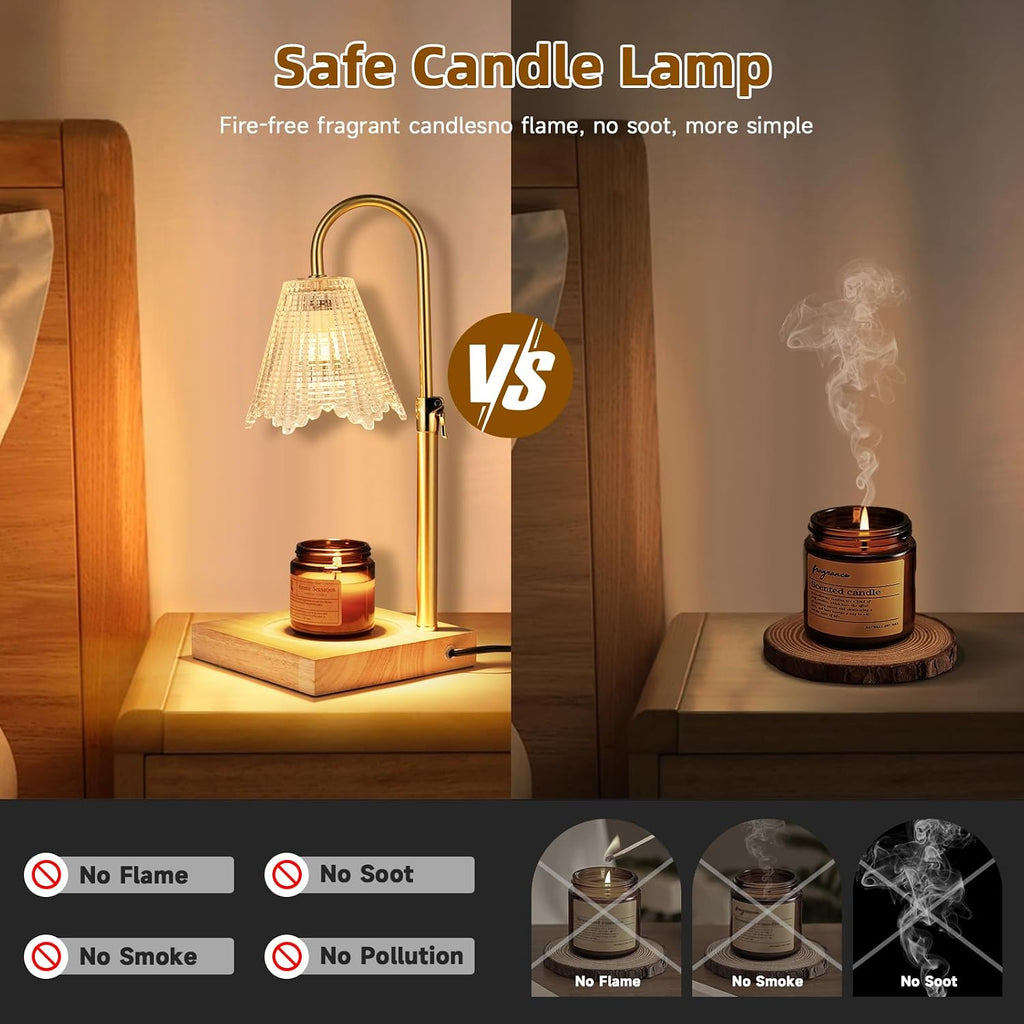 Candle Warmer Lamp with Timer Dimmer, Adjustable Height Electric Candle Warmer with 2 Bulbs, Wax Warmer for Home Decor, GIFS for Mother Day, Christmas, Wooden Based