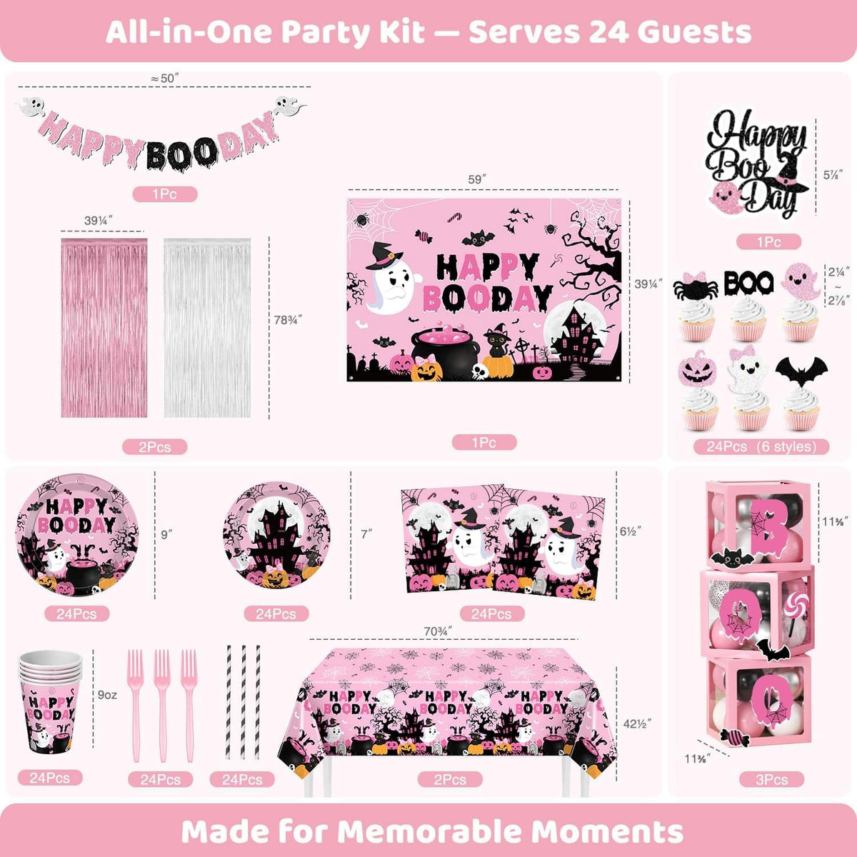 Happy Booday Party Decorations, Pink Halloween Birthday Decorations for 24