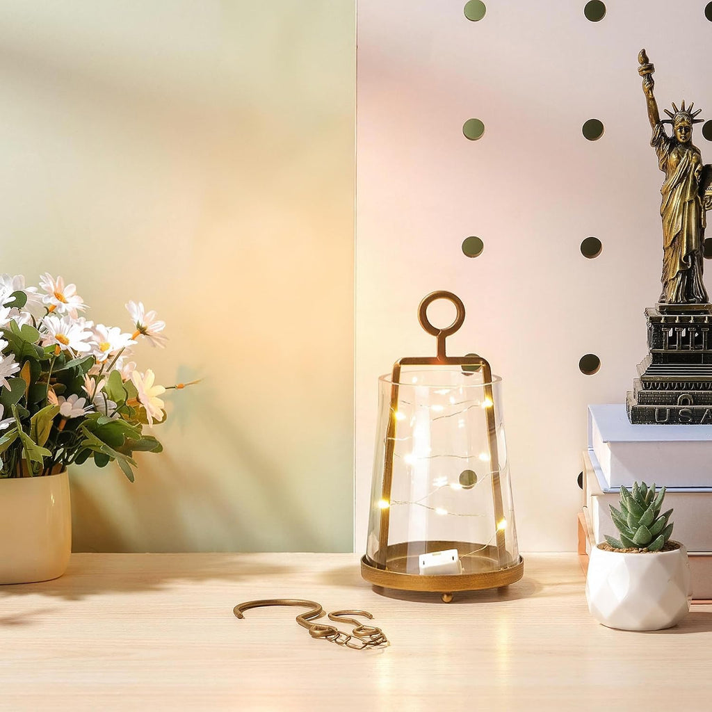 4“ Wide Modern Farmhouse Metal Hurricane Candle Holder with Handmade Sturdy Glass Sleeve in Vintage Brass for 2" Pillar Candle & Plants, Glass Hurricane Lantern, Industrial, Minimalistic