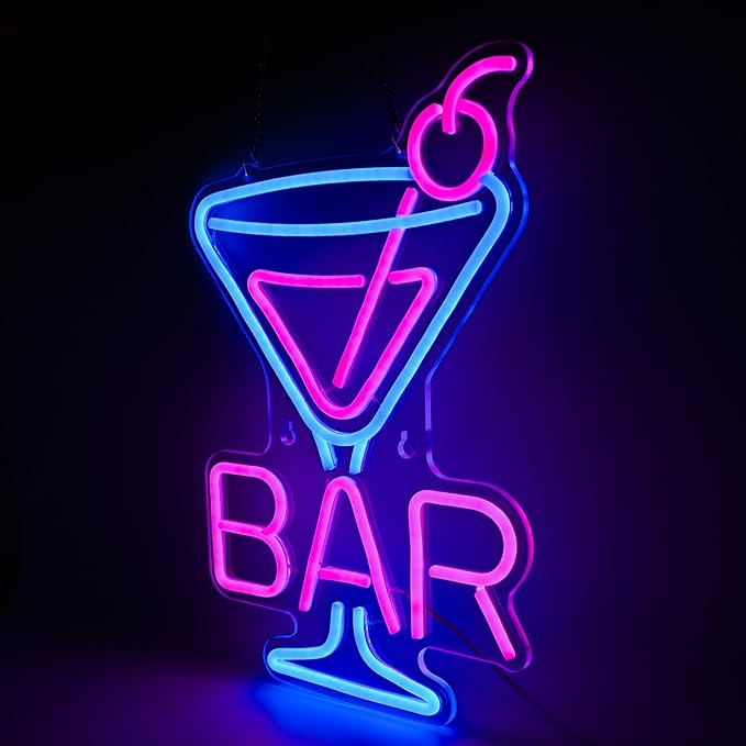 Cocktail Neon Sign - Martini Glass LED Bar Light, Retro Home Pub Wall Art, Dimmable Bar Decor, Gifts for Bartenders & Cocktail Lovers